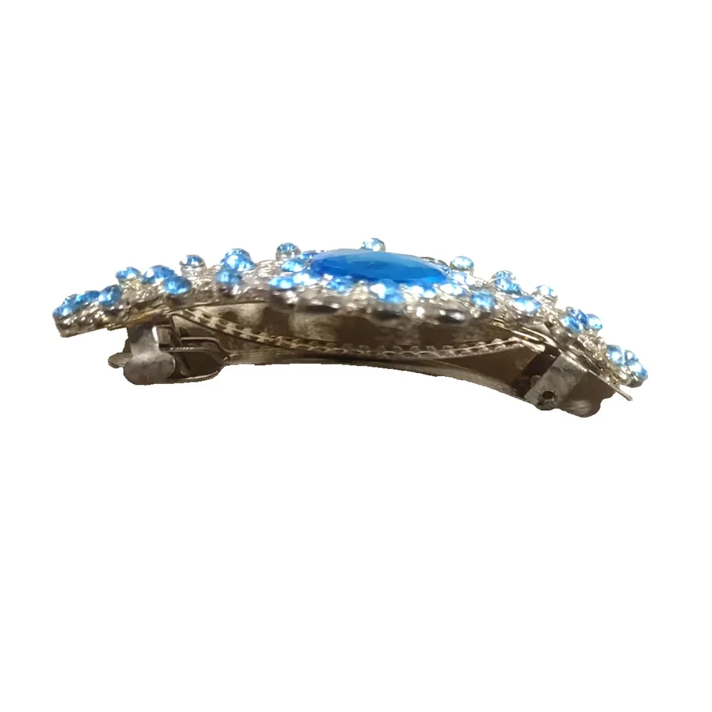 Light Blue Rhinestone Silver Tone Hair Barrette Tension Clip Elegant Feminine